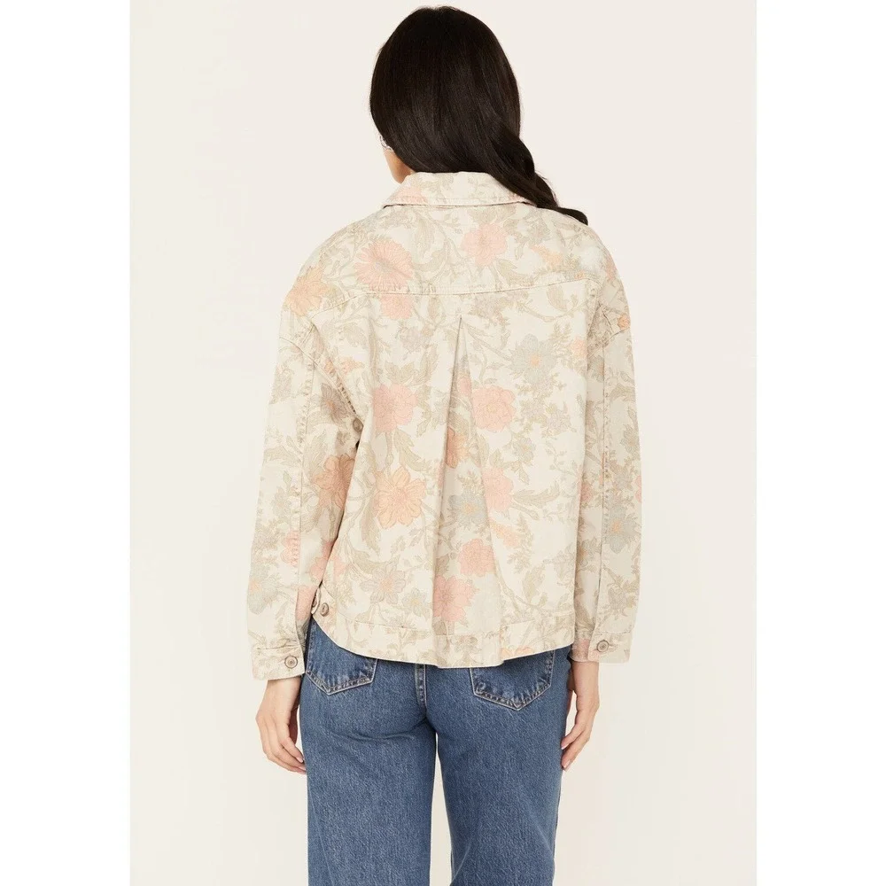 Free People Floral Printed Denim Jacket Sz S Small Distressed Jean NEW NWT